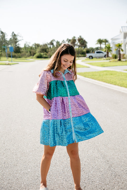 Color Block Sequin Short Sleeve Mini Dress